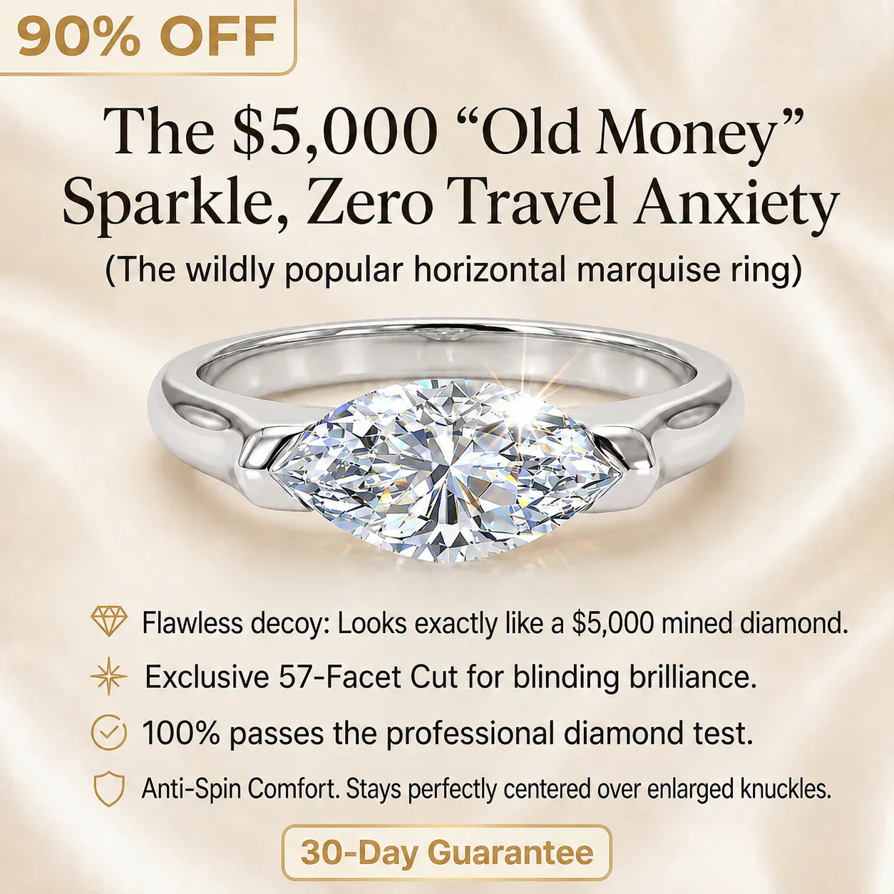 🔥 LAST DAY 90% OFF: Anti-Spin VVS1 Flawless Moissanite East-to-West Marquise Ring in 14K Gold