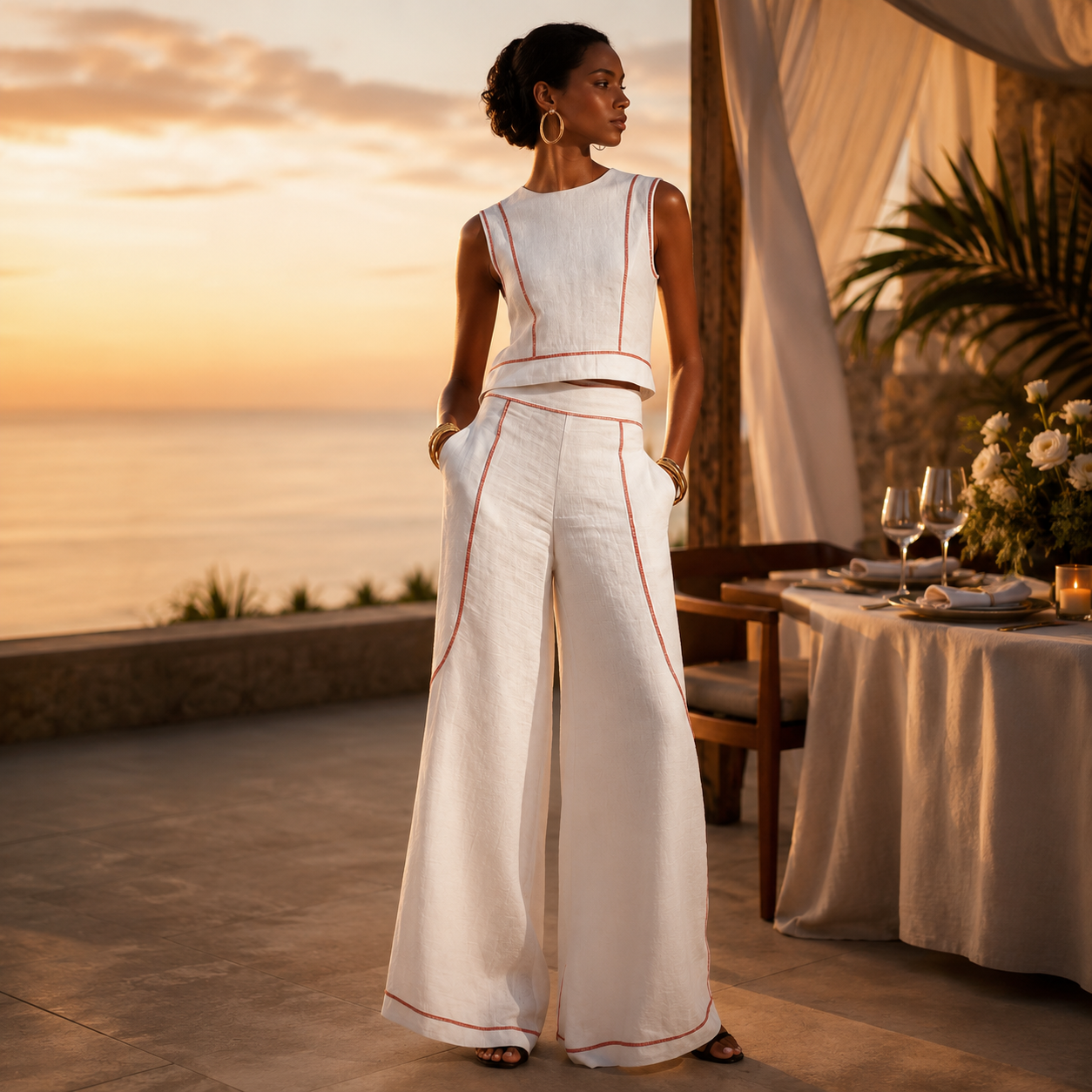 Calvenz | ✨White Luxury Co-Ord Set – Minimal Sleeveless Top & Relaxed Wide-Leg Trousers