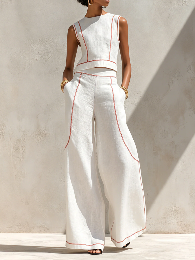 Calvenz | ✨White Luxury Co-Ord Set – Minimal Sleeveless Top & Relaxed Wide-Leg Trousers