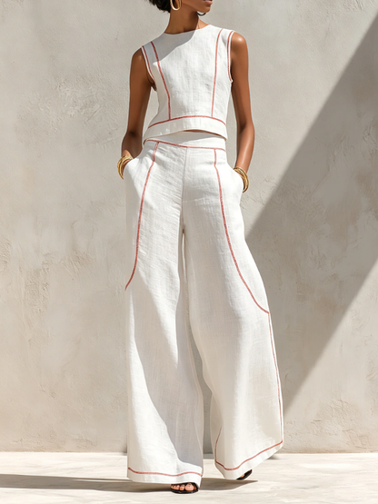 Calvenz | ✨White Luxury Co-Ord Set – Minimal Sleeveless Top & Relaxed Wide-Leg Trousers