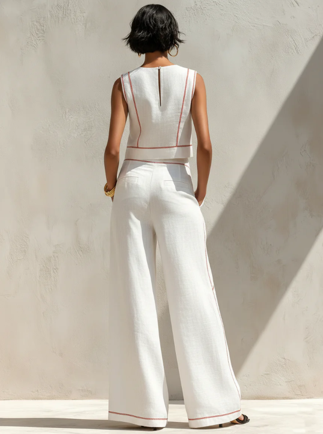 Calvenz | ✨White Luxury Co-Ord Set – Minimal Sleeveless Top & Relaxed Wide-Leg Trousers