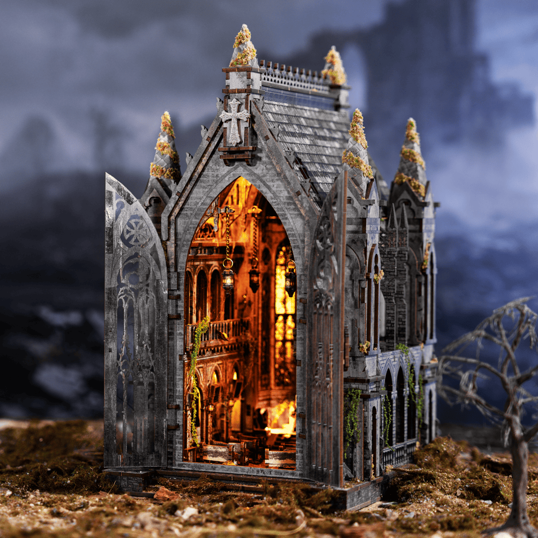 Abandoned Gothic Church DIY Wooden Book Nook Shelf Insert