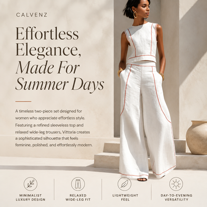 Calvenz | ✨White Luxury Co-Ord Set – Minimal Sleeveless Top & Relaxed Wide-Leg Trousers