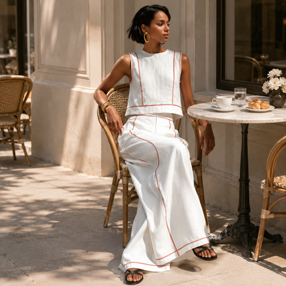 Calvenz | ✨White Luxury Co-Ord Set – Minimal Sleeveless Top & Relaxed Wide-Leg Trousers