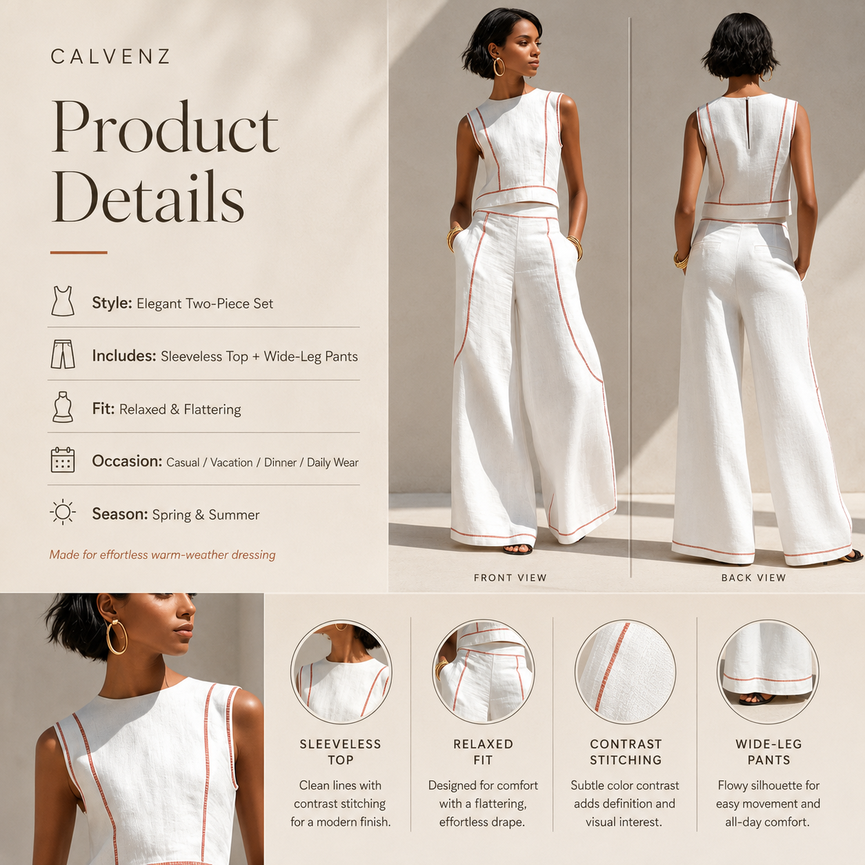Calvenz | ✨White Luxury Co-Ord Set – Minimal Sleeveless Top & Relaxed Wide-Leg Trousers