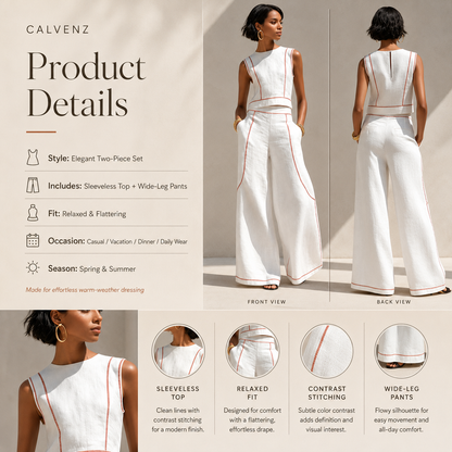 Calvenz | ✨White Luxury Co-Ord Set – Minimal Sleeveless Top & Relaxed Wide-Leg Trousers
