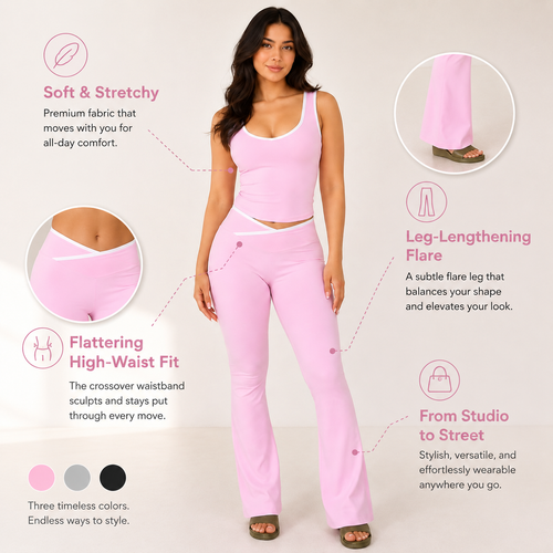 Women's 2 Piece Contrast Binding Yoga Set U-Neck Tank Top and Criss Cross High Waisted Flare Leggings Sporty Matching Set
