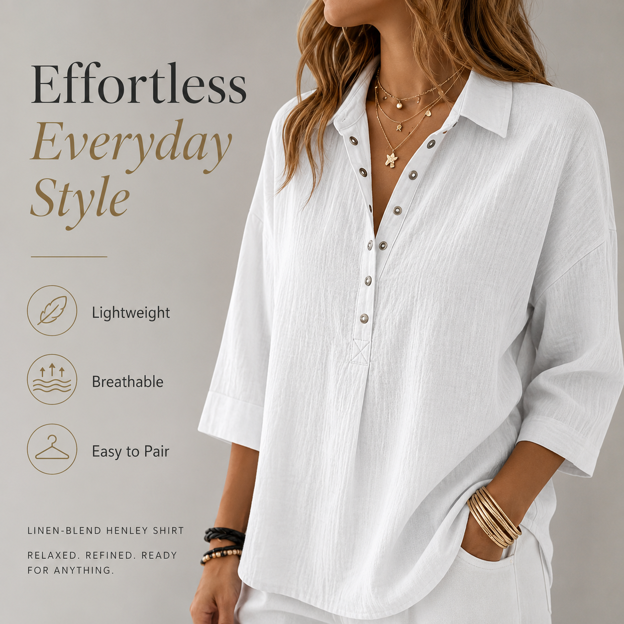 New Arrival🔥 Women's Casual Linen Blend Henley 3/4 Sleeve Shirt
