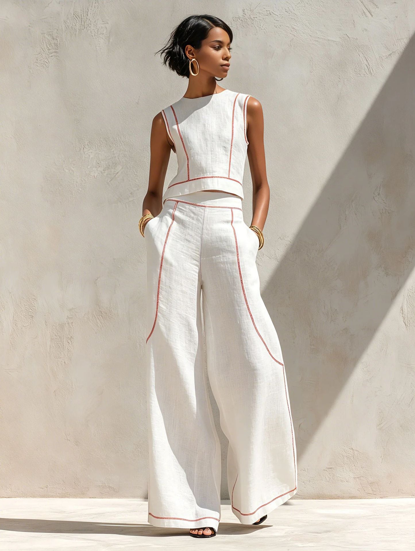 Calvenz | ✨White Luxury Co-Ord Set – Minimal Sleeveless Top & Relaxed Wide-Leg Trousers