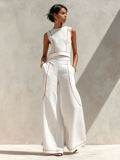 Calvenz | ✨White Luxury Co-Ord Set – Minimal Sleeveless Top & Relaxed Wide-Leg Trousers