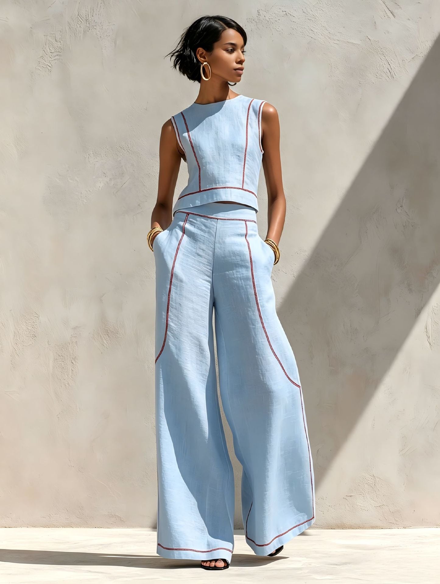 Calvenz | ✨White Luxury Co-Ord Set – Minimal Sleeveless Top & Relaxed Wide-Leg Trousers