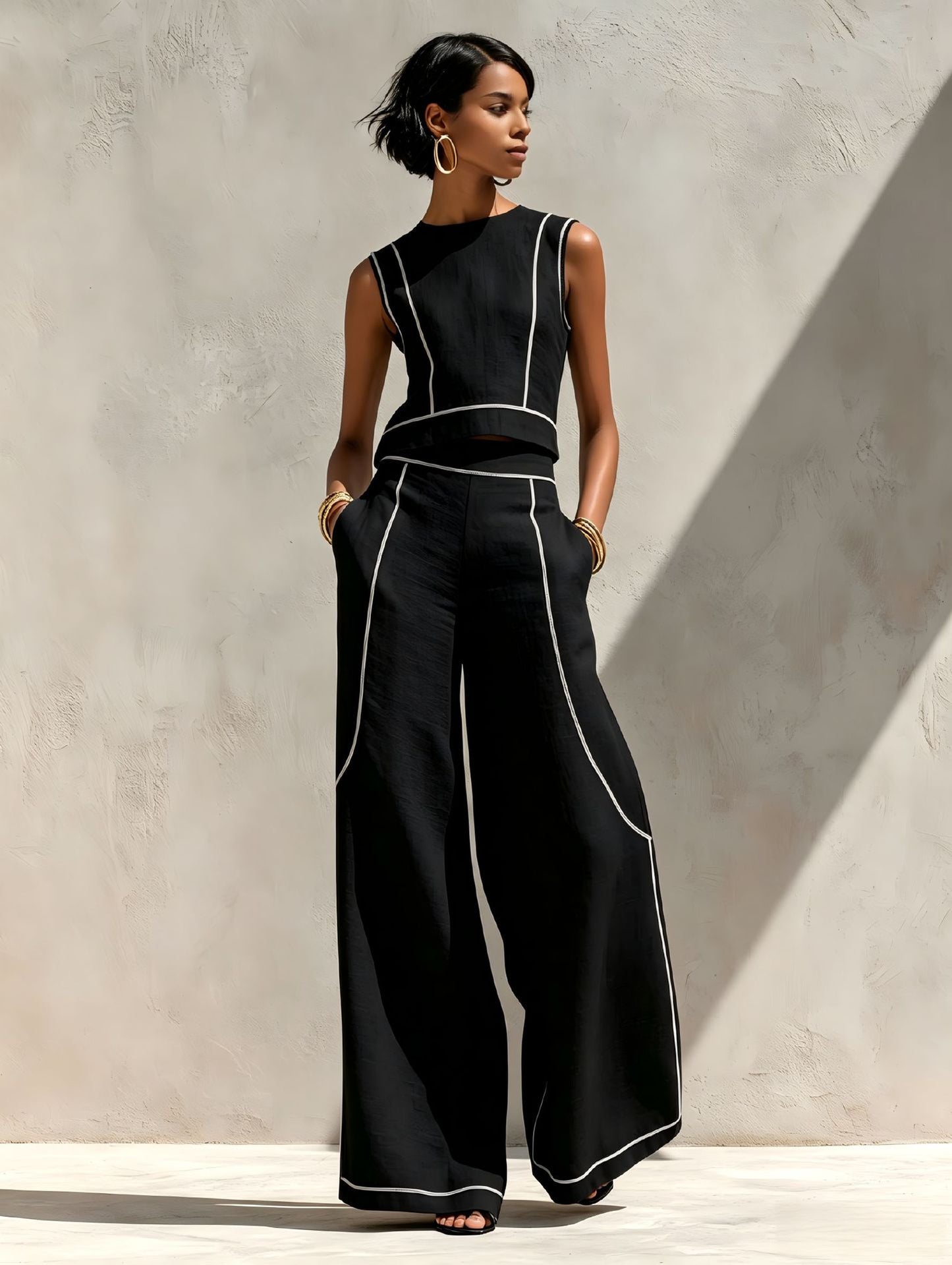 Calvenz | ✨White Luxury Co-Ord Set – Minimal Sleeveless Top & Relaxed Wide-Leg Trousers