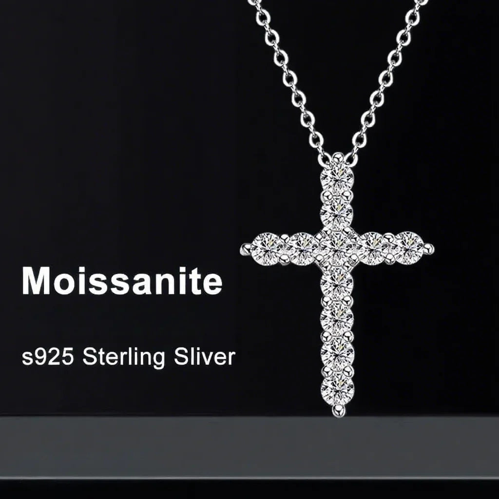 Moissanite Cross Necklace in 925 Sterling Silver